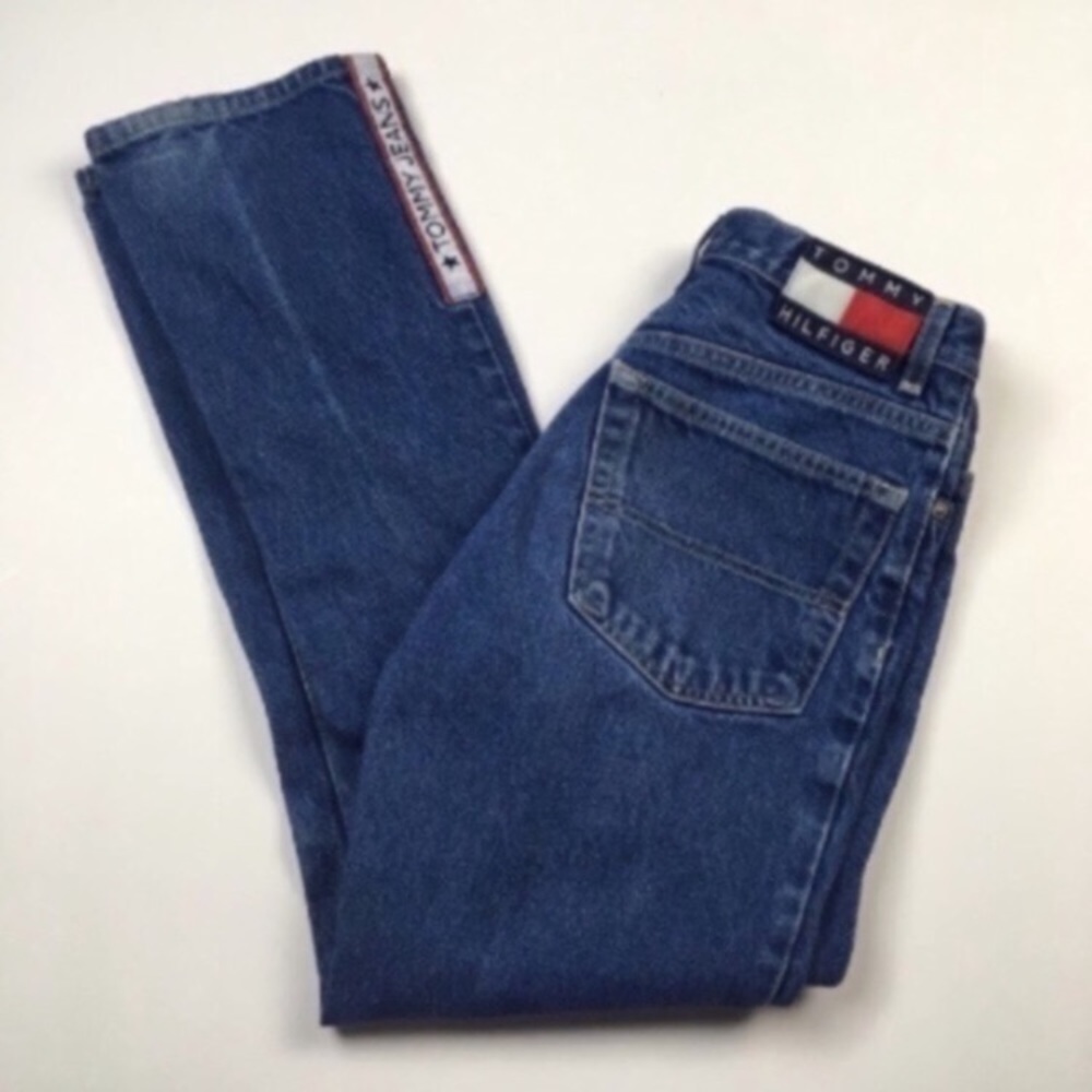 Vintage 90s Tommy Hilfiger High Rise Large Patch Bootleg Juniors Sz 5
